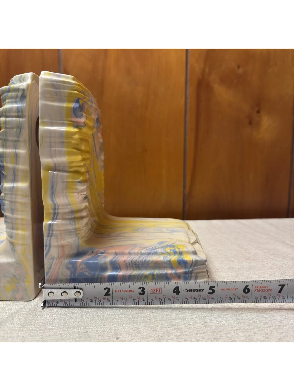 Vintage Pastel Marbled Ceramic Bookends Pink Blue Yellow Swirl Set of 2